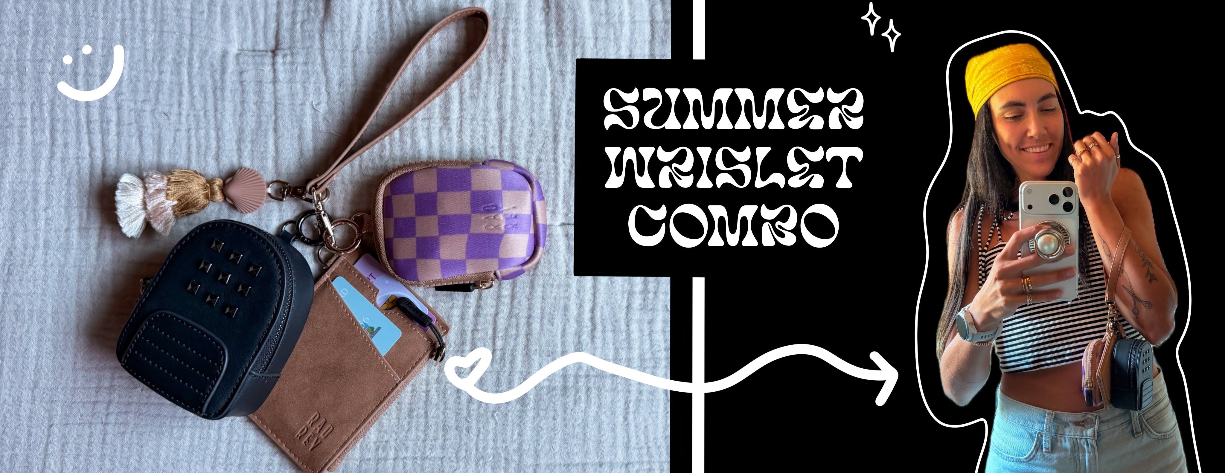Summer wristlet combo with wallets and a checkered pouch on a textured surface, with a person taking a selfie in the corner.