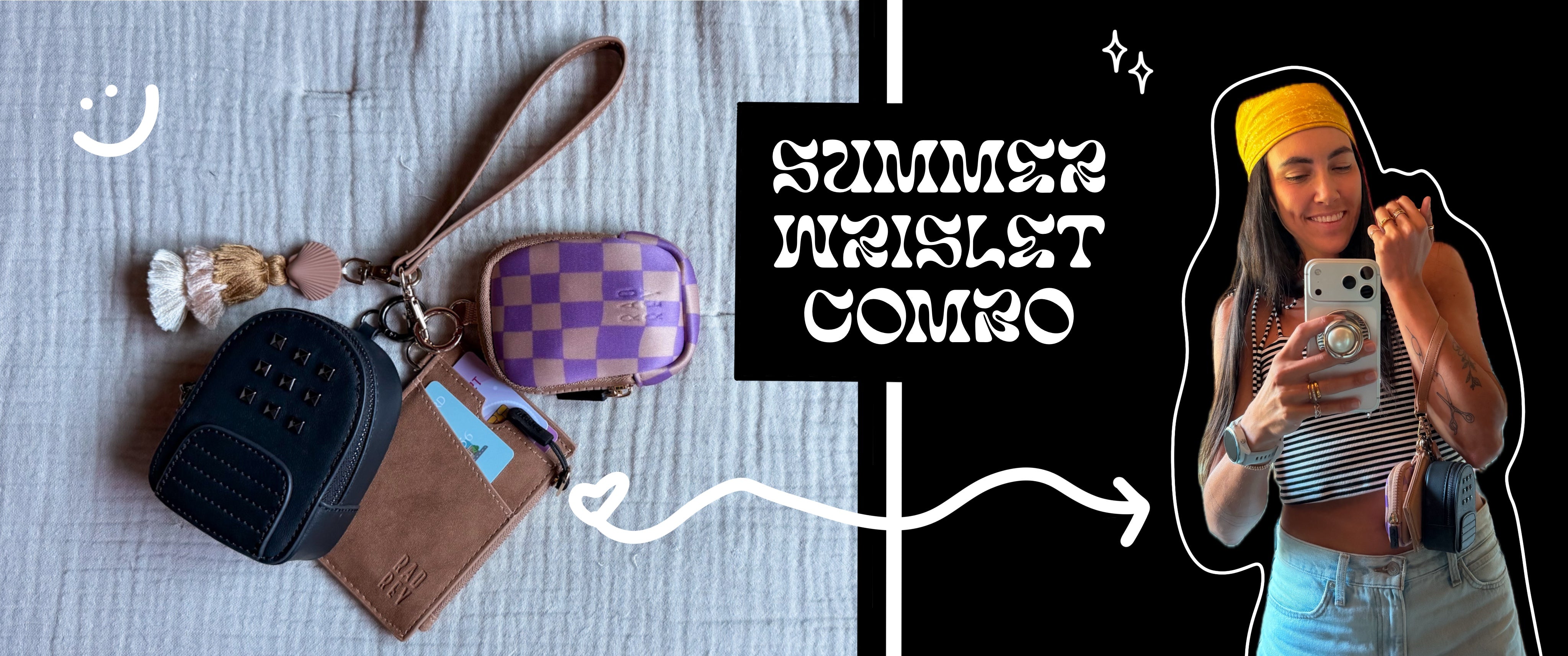 Summer wristlet combo with wallets and a checkered pouch on a textured surface, with a person taking a selfie in the corner.